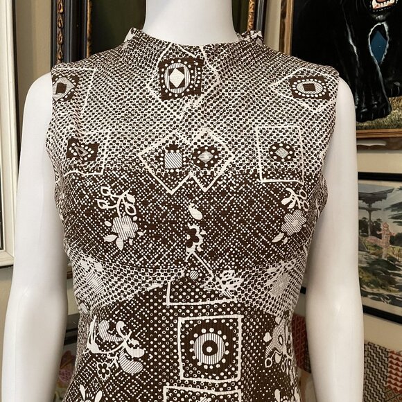 60s Vintage Brown & White Geometric A-Line Sleeveless Knee Length Dress Size M - Picture 2 of 4